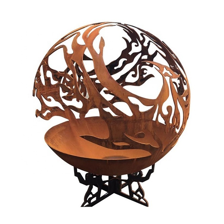 Customized Spherical Brazier Metal Art Wood Burning Brasero Corten Decorative  Garden Outdoor Rusted Brasero Firebowl Firepit