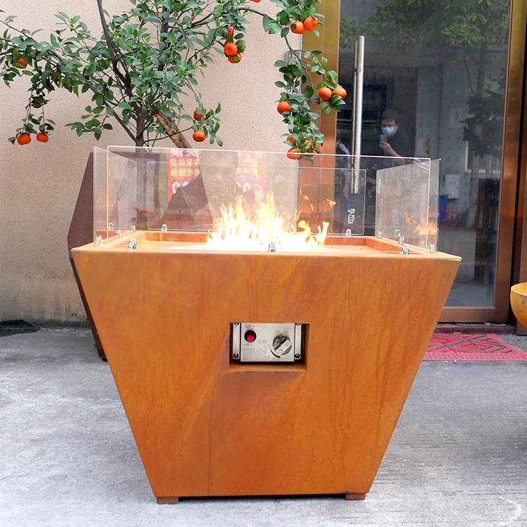 Outdoor Furniture Custom  Corten steel Fire Pit Gas Fire Tetragonal For Heating Propane Fire Table Backyard Patio Fireplace