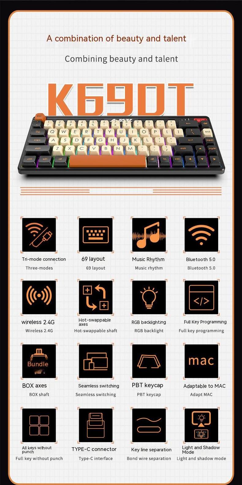 AJAZZ K690T hot-swappable keyboard DIY BT 2.4G wireless RGB backlit mechanical keyboard