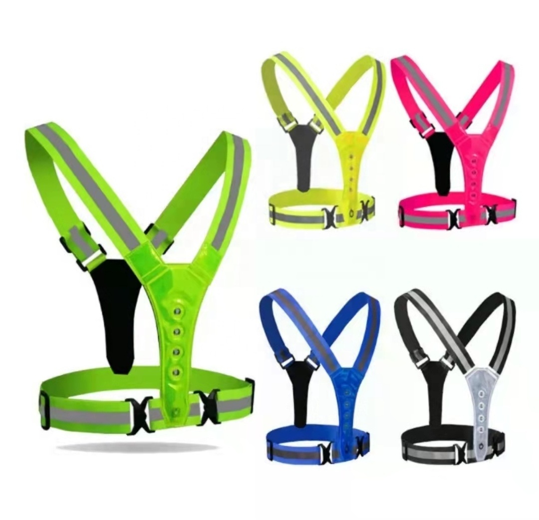 Outdoor High Visibility Elastic Strap Belt USB Rechargeable LED Light Night Running Bicycle Cycling Reflective Safety Vest