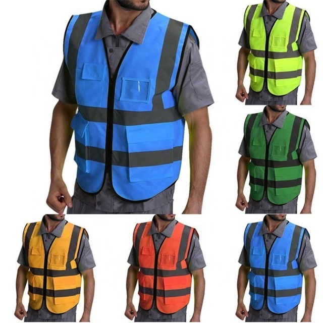 High visibility yellow orange zipper security work safety  traffic vest chaleco reflectivo nylon polyester running vest