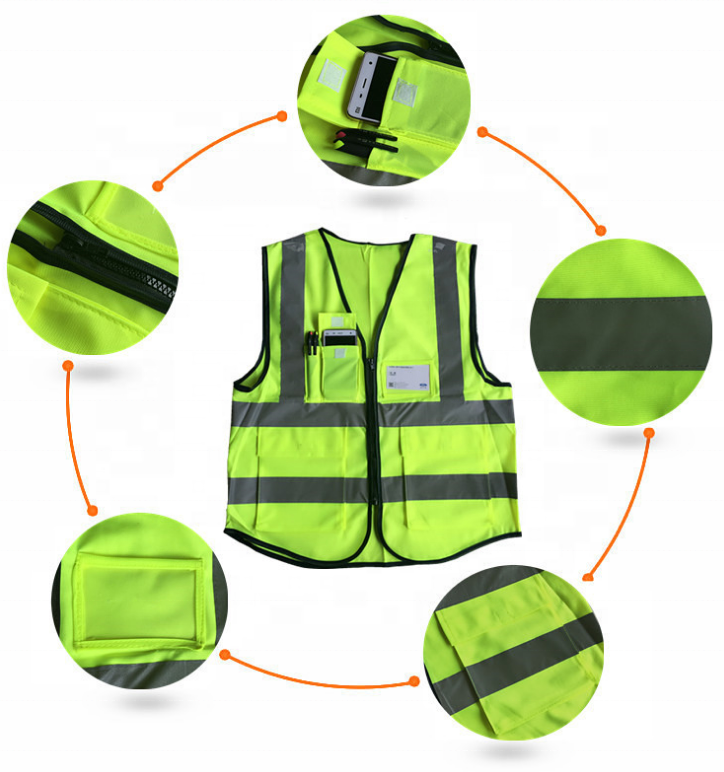 High visibility yellow orange zipper security work safety  traffic vest chaleco reflectivo nylon polyester running vest