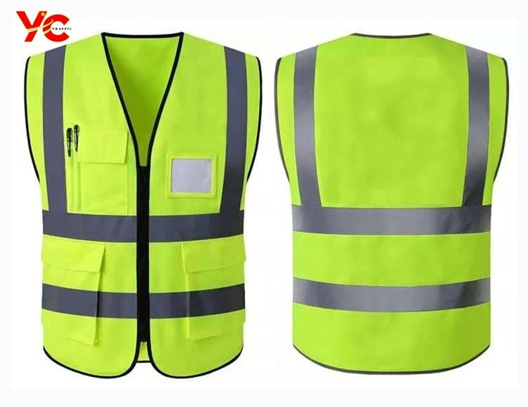 High visibility yellow orange zipper security work safety  traffic vest chaleco reflectivo nylon polyester running vest