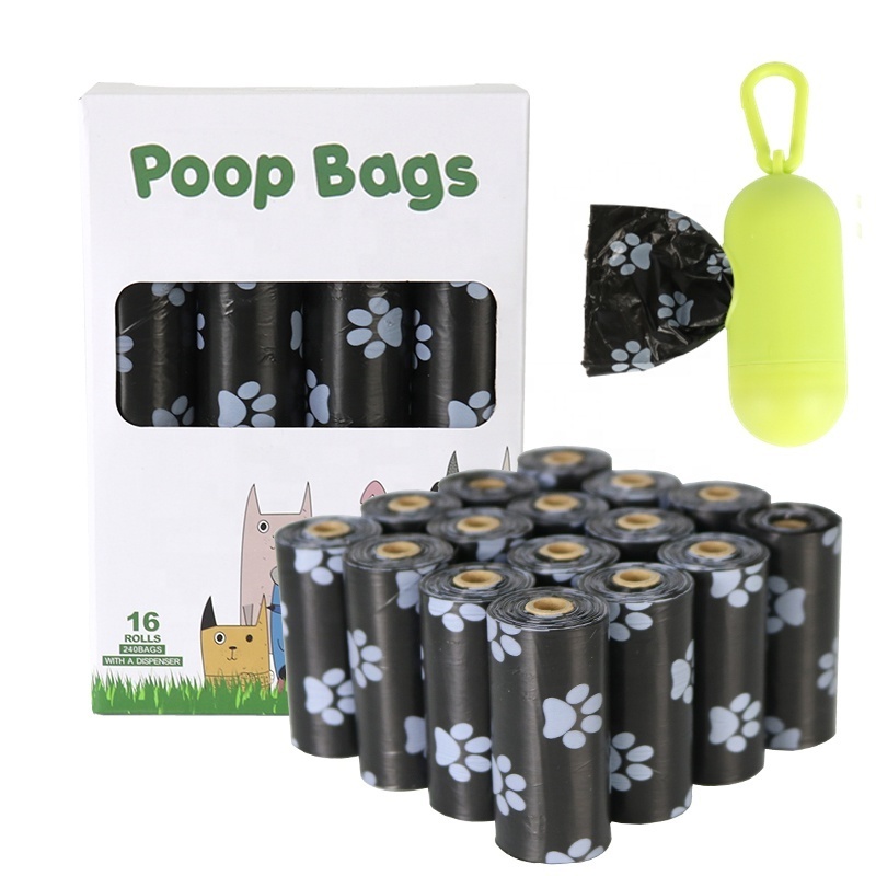 16 rolls English neutral + 1 dispenser, EPI eco-friendly and biodegradable technology black footprint dog poop garbage bags