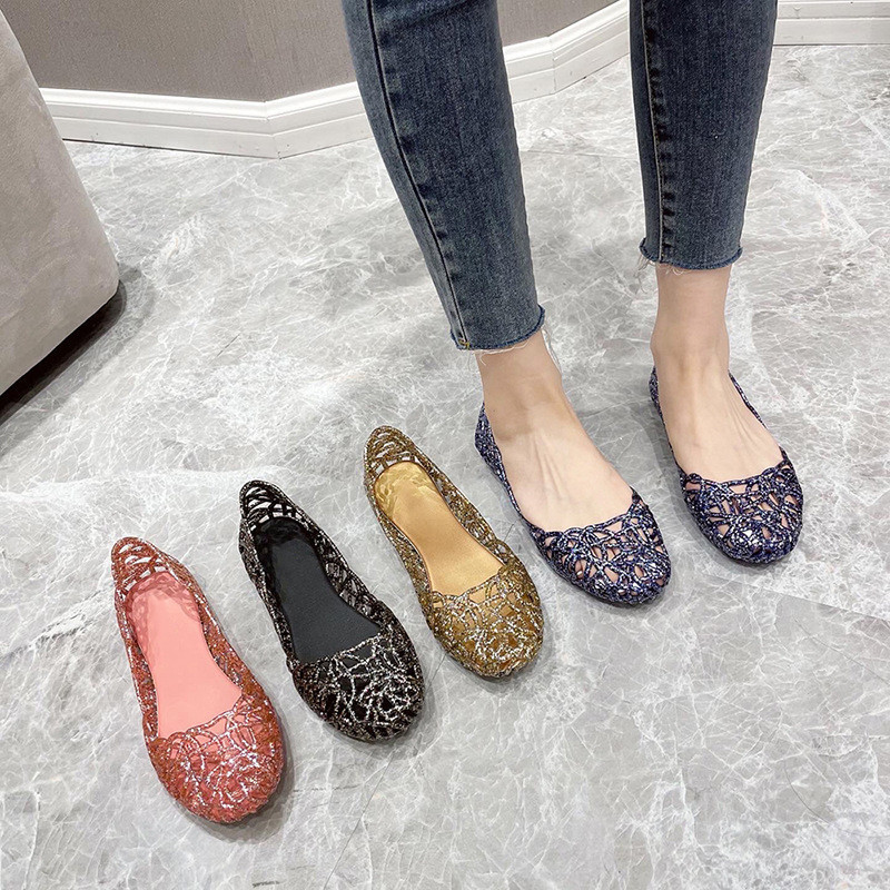 Plastic Sandals Women's Summer Hollow Glittering Powder Flat Bottom Beach Shoes Holiday Anti-Skid Hole Jelly Sandals