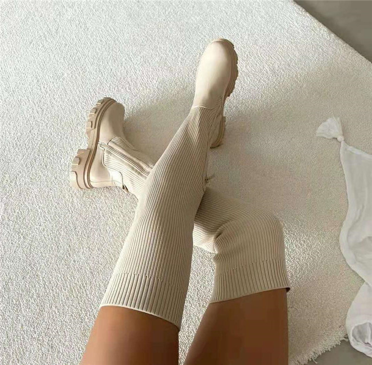 High Quality Fashion Winter Pure Solid Color Leather Knitted Over Knee High Heel Women High Leg Boots Shoes Women's Long Boots