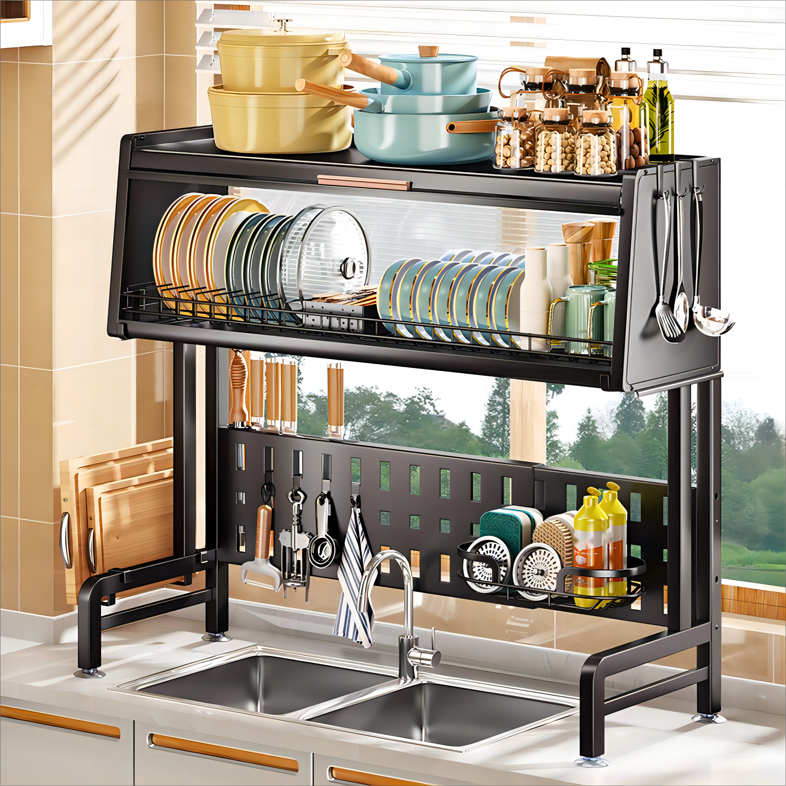 Modern Multifunctional Metal Kitchen Plate Storage Shelf Expandable Over The Sink Dish Drainer Drying Rack with Cover