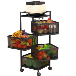 Fruit Vegetable Round Baskets Rack Movable Rolling Rotating Storage Shelf