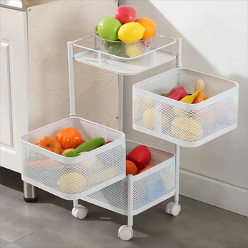 Fruit Vegetable Round Baskets Rack Movable Rolling Rotating Storage Shelf