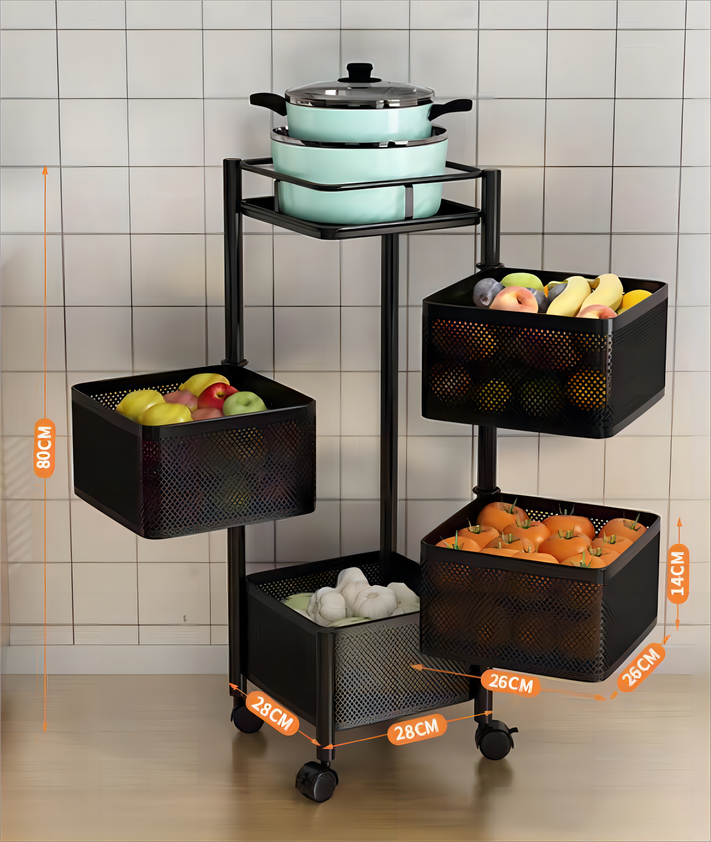 Movable Circle Basket with Wheels Kitchen Livingroom Vegetables & Fruits Container Rotatable Food Storage Shelf