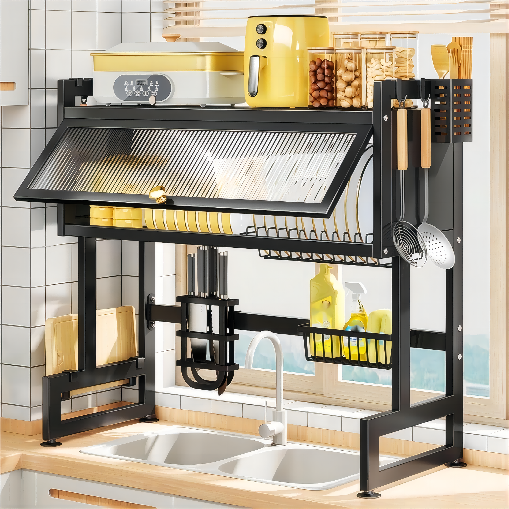 Dish Drainer Kitchen Storage Organization over the Sink Dustproof Dish Drying Rack with Door