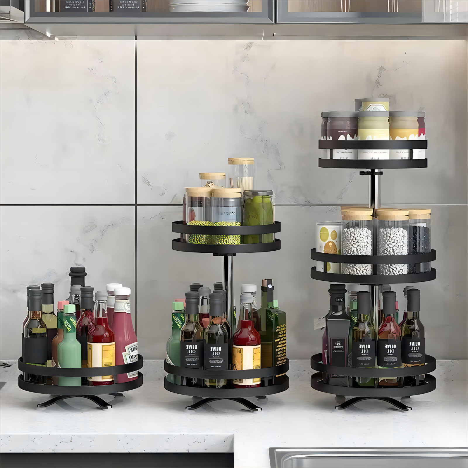 Kitchen Accessories Rotatable Spice Jar Shelf Adjustable Countertop Storage Rack Carbon Steel Seasoning Bottles Holder