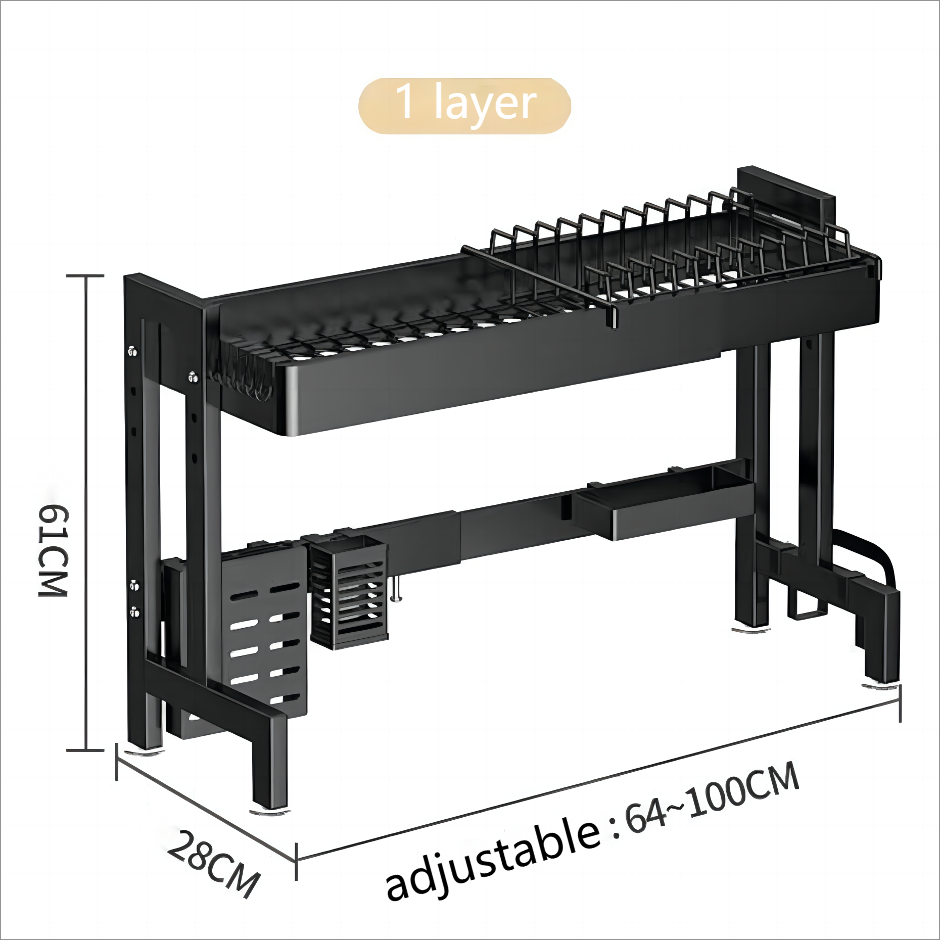 Draining Rack for Tablewares Dishes & Plates Container Kitchen Storage Organizer Adjustable Carbon Steel Shelf Over Sink