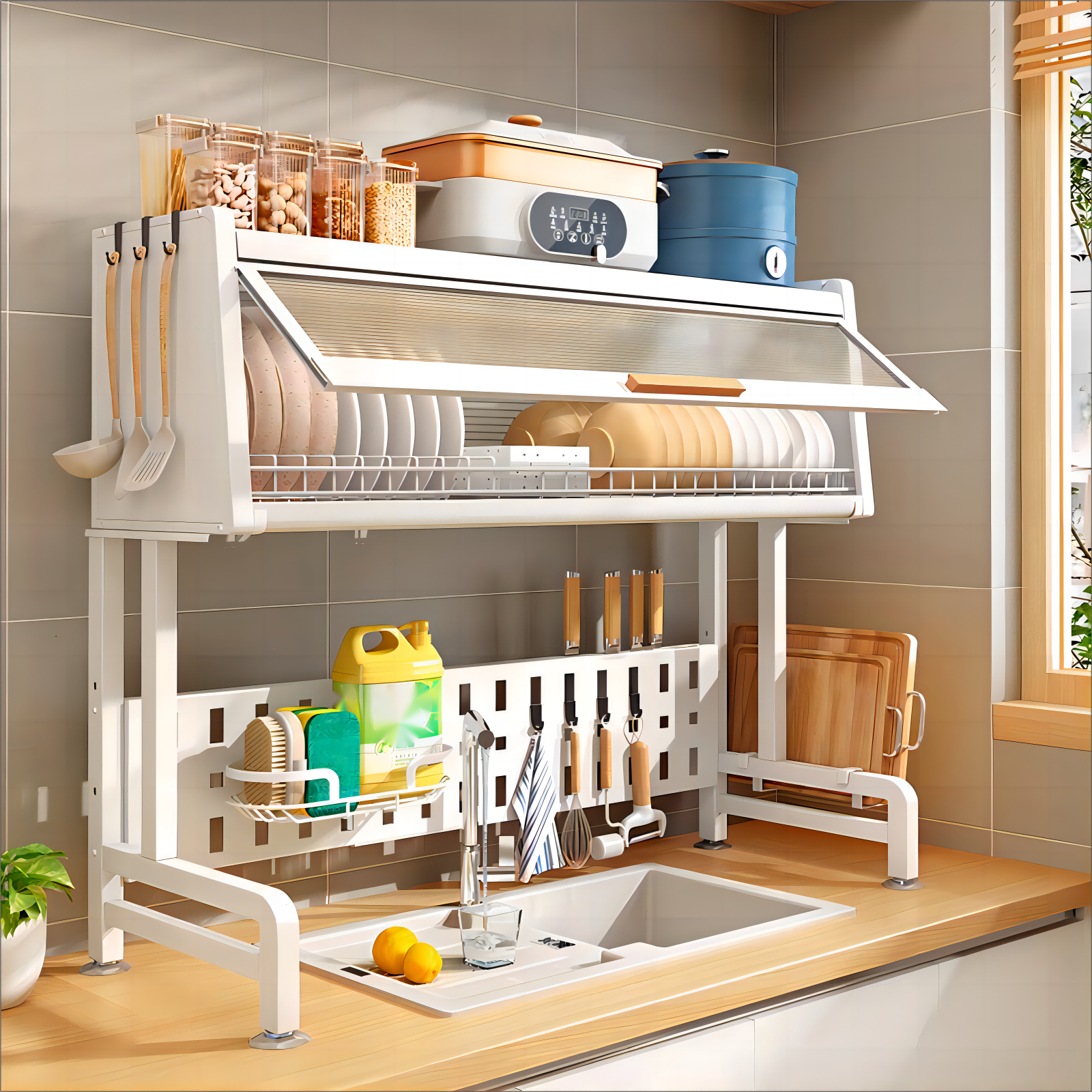 Modern Multifunctional Metal Kitchen Plate Storage Shelf Expandable Over The Sink Dish Drainer Drying Rack with Cover