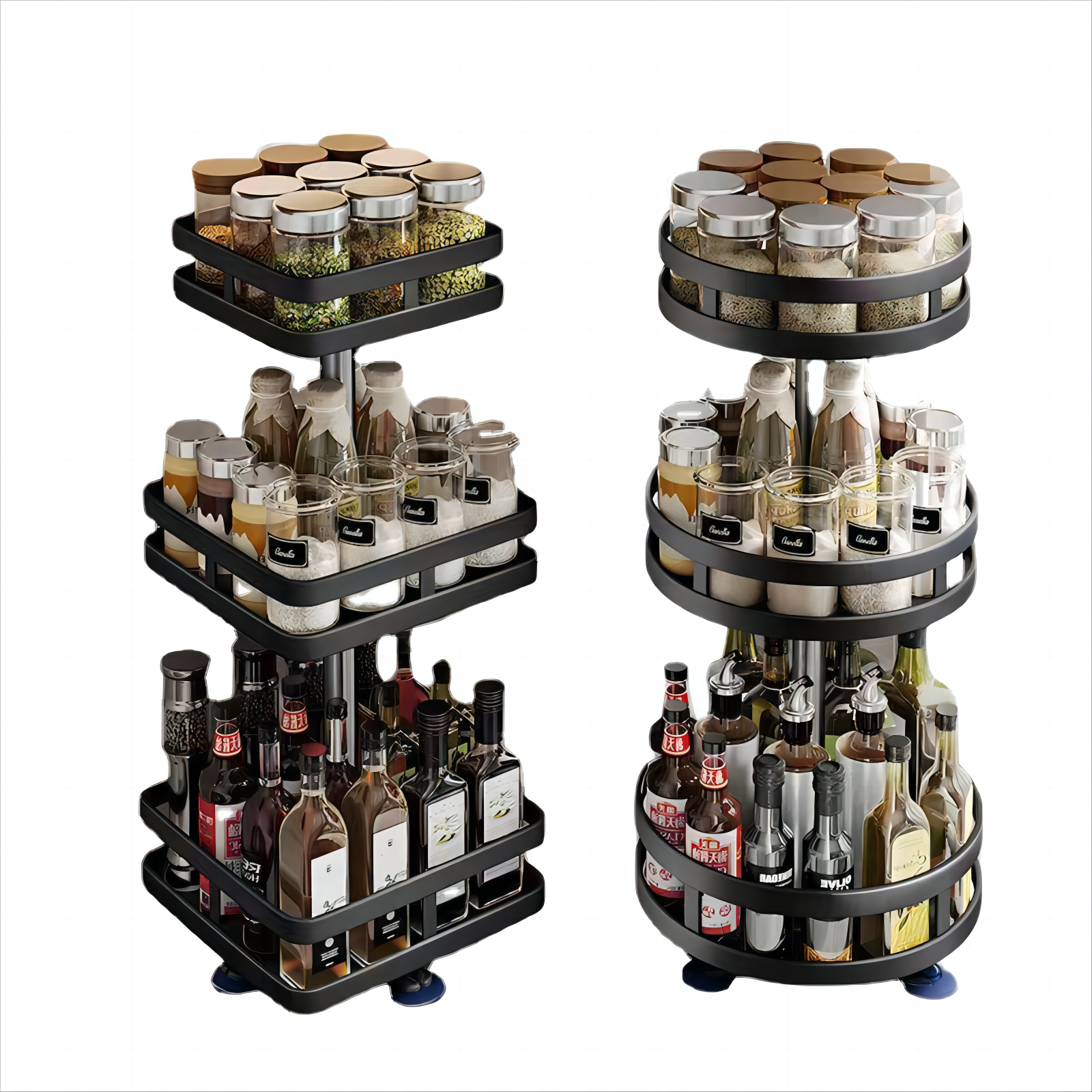 Kitchen Accessories Rotatable Spice Jar Shelf Adjustable Countertop Storage Rack Carbon Steel Seasoning Bottles Holder