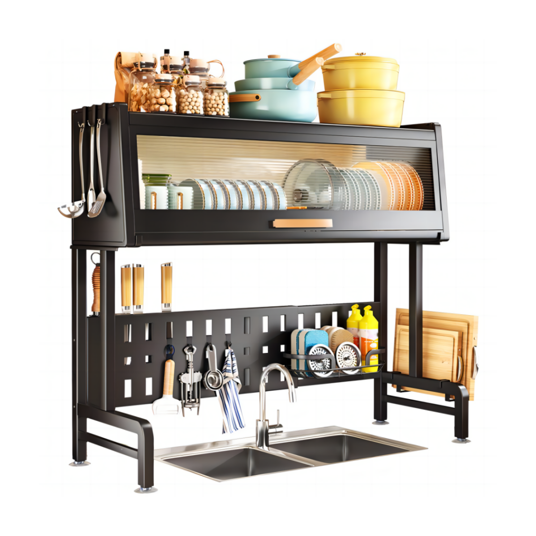 Modern Multifunctional Metal Kitchen Plate Storage Shelf Expandable Over The Sink Dish Drainer Drying Rack with Cover