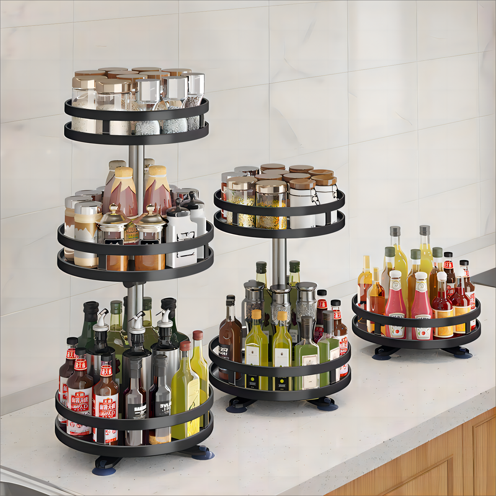 Kitchen Accessories Rotatable Spice Jar Shelf Adjustable Countertop Storage Rack Carbon Steel Seasoning Bottles Holder