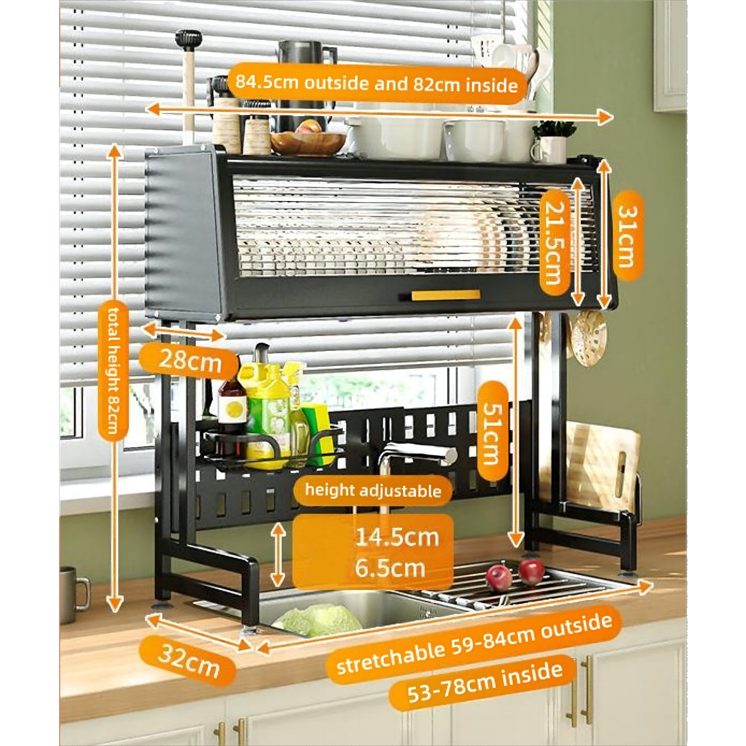 Modern Multifunctional Metal Kitchen Plate Storage Shelf Expandable Over The Sink Dish Drainer Drying Rack with Cover