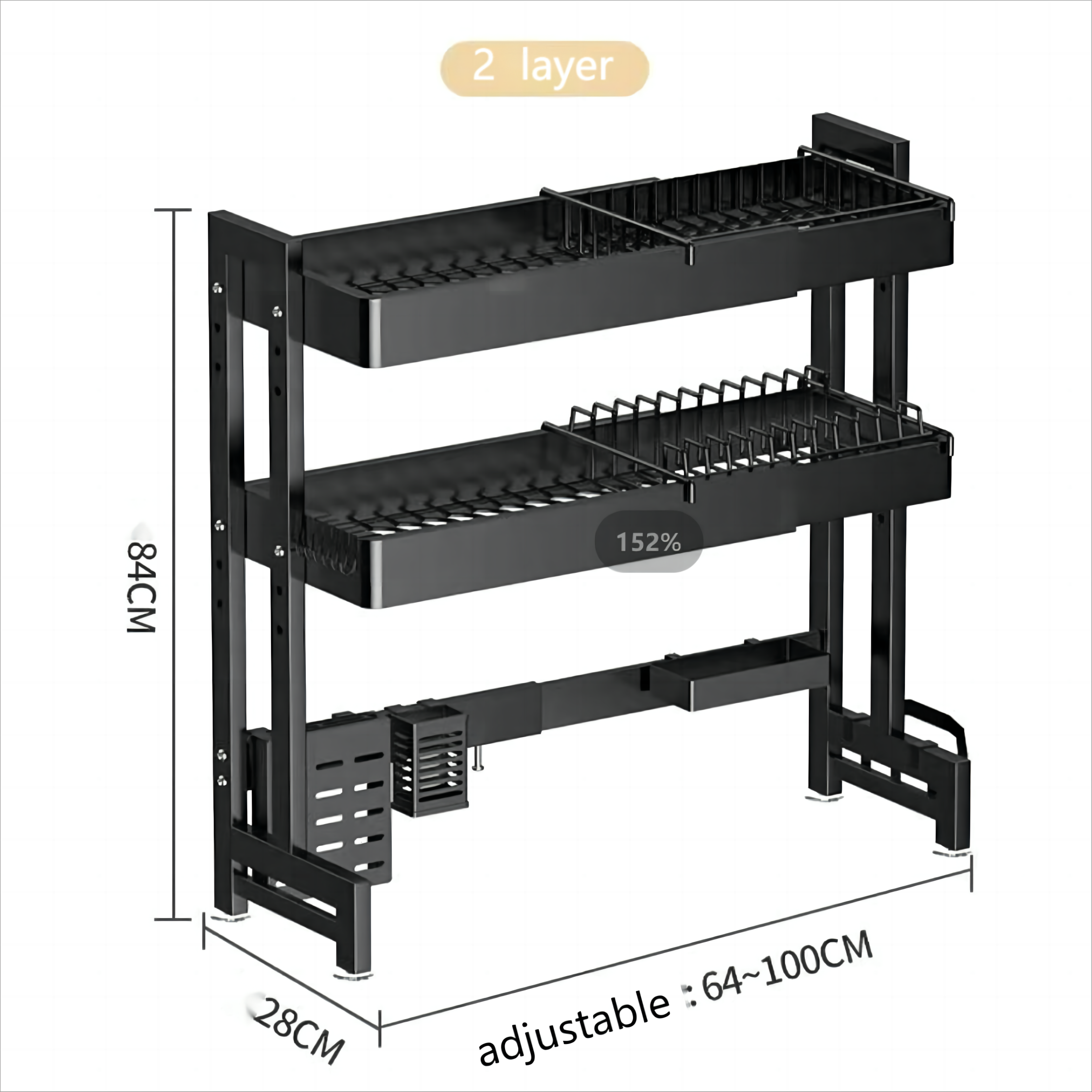 Draining Rack for Tablewares Dishes & Plates Container Kitchen Storage Organizer Adjustable Carbon Steel Shelf Over Sink