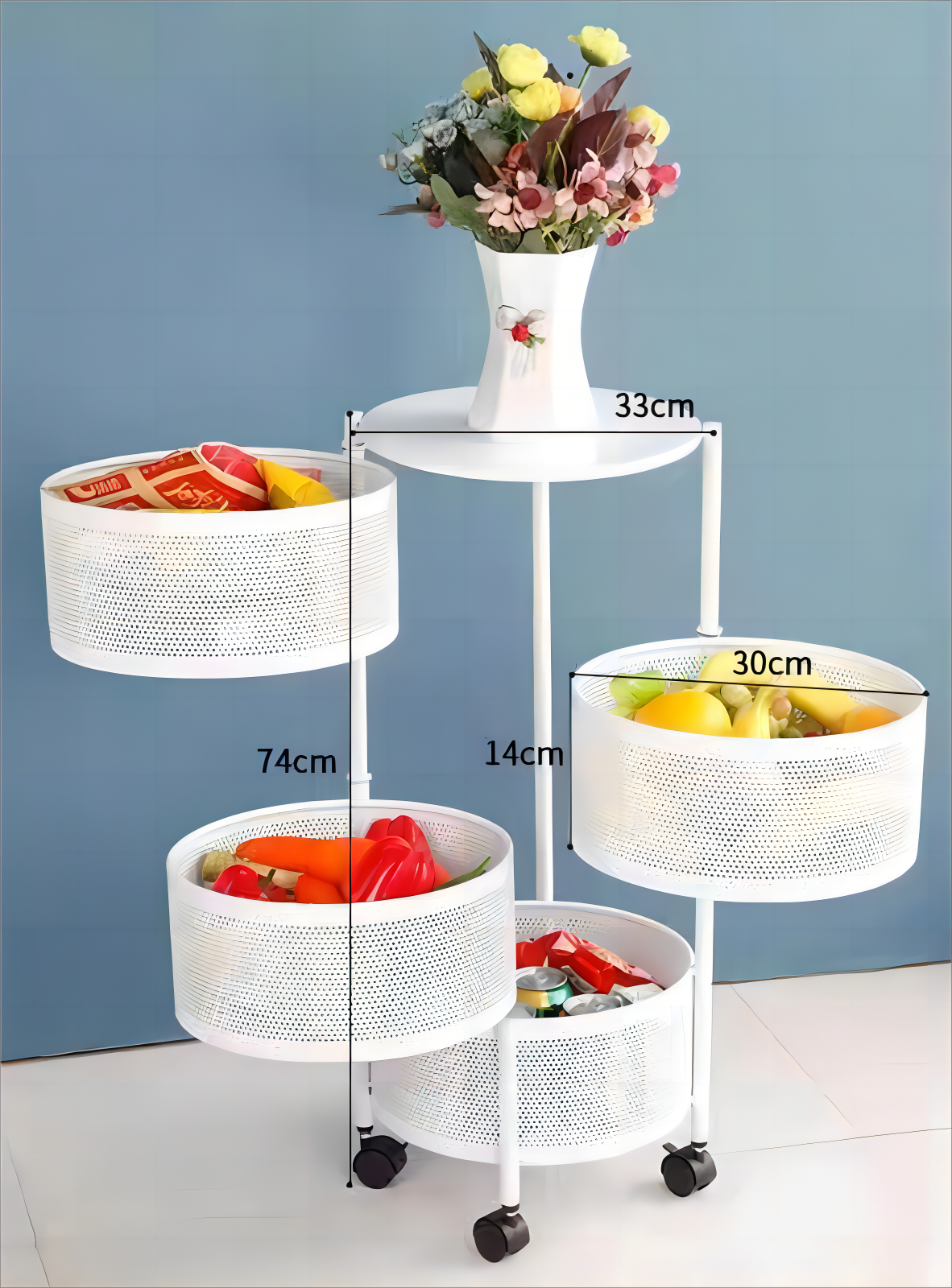 Movable Circle Basket with Wheels Kitchen Livingroom Vegetables & Fruits Container Rotatable Food Storage Shelf