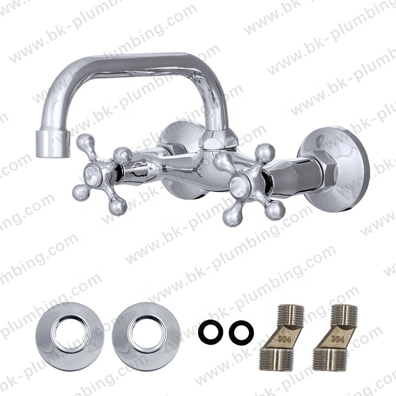 Hot And Cold Double Kitchen Faucet 2 Handle Standard  Wall Mounted Faucets For Kitchen With Sprayer