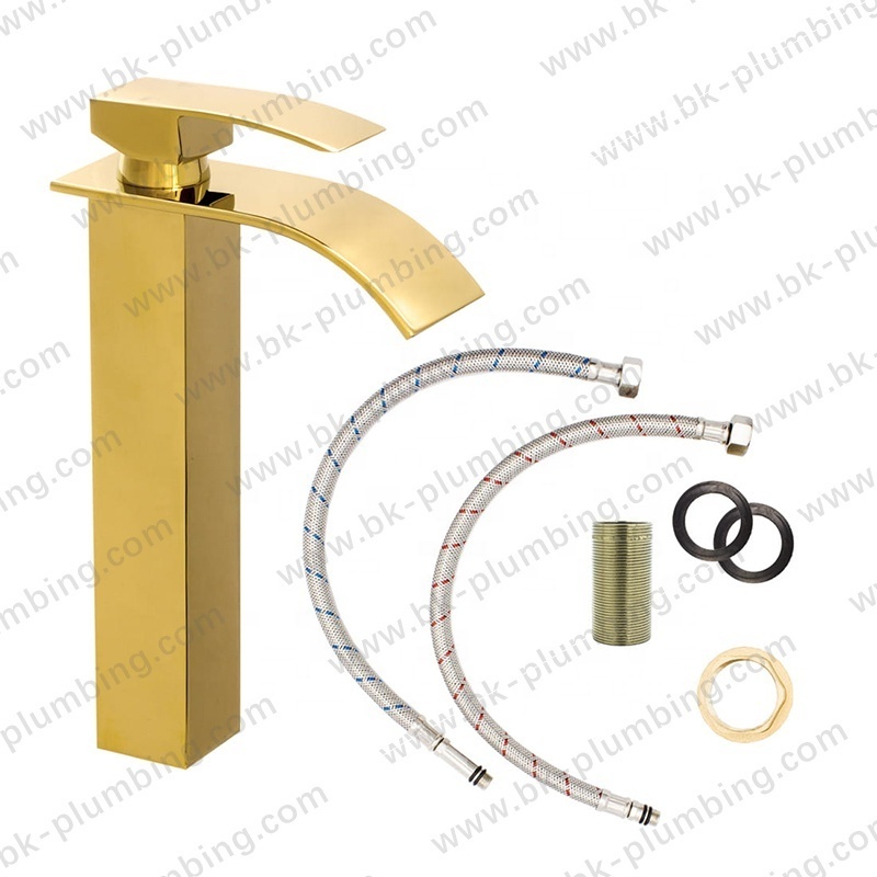 Tall Basin Taps Waterfall Deck Mounted Bathroom Gold Wash Basin Faucet Hot And Cold Single Handle Water Tap