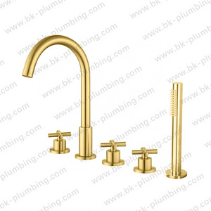 Luxury Bathtub Shower Faucet Brushed Gold Finish Waterfall Spout 5 Holes Bath Tub Mixer Tap Set with Handheld Shower