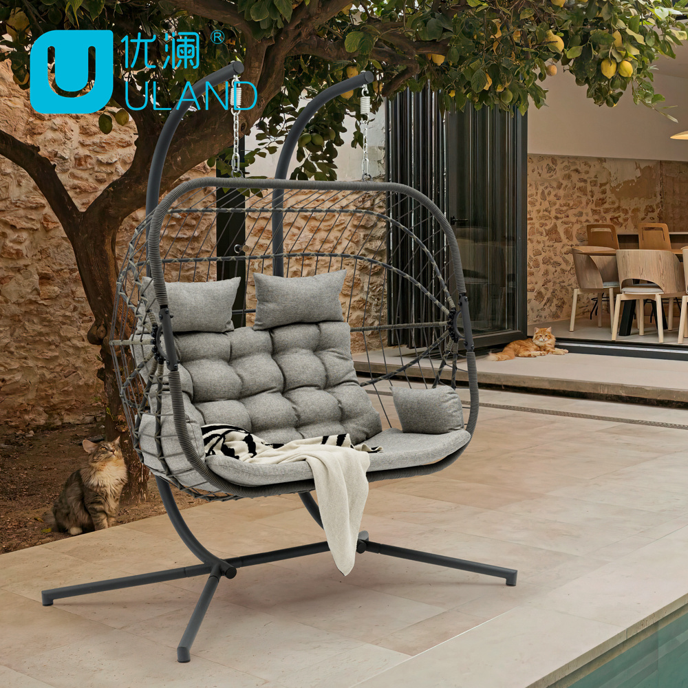 Uland Wholesale Basket Steel Wicker Rattan Swing Two Seats Furniture Outdoor Patio Swing Chair With Stand