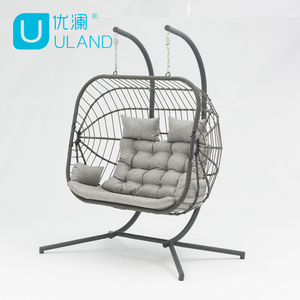 Uland Wholesale Basket Steel Wicker Rattan Swing Two Seats Furniture Outdoor Patio Swing Chair With Stand