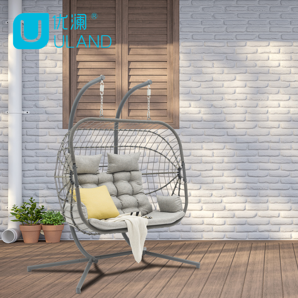 Uland Wholesale Basket Steel Wicker Rattan Swing Two Seats Furniture Outdoor Patio Swing Chair With Stand