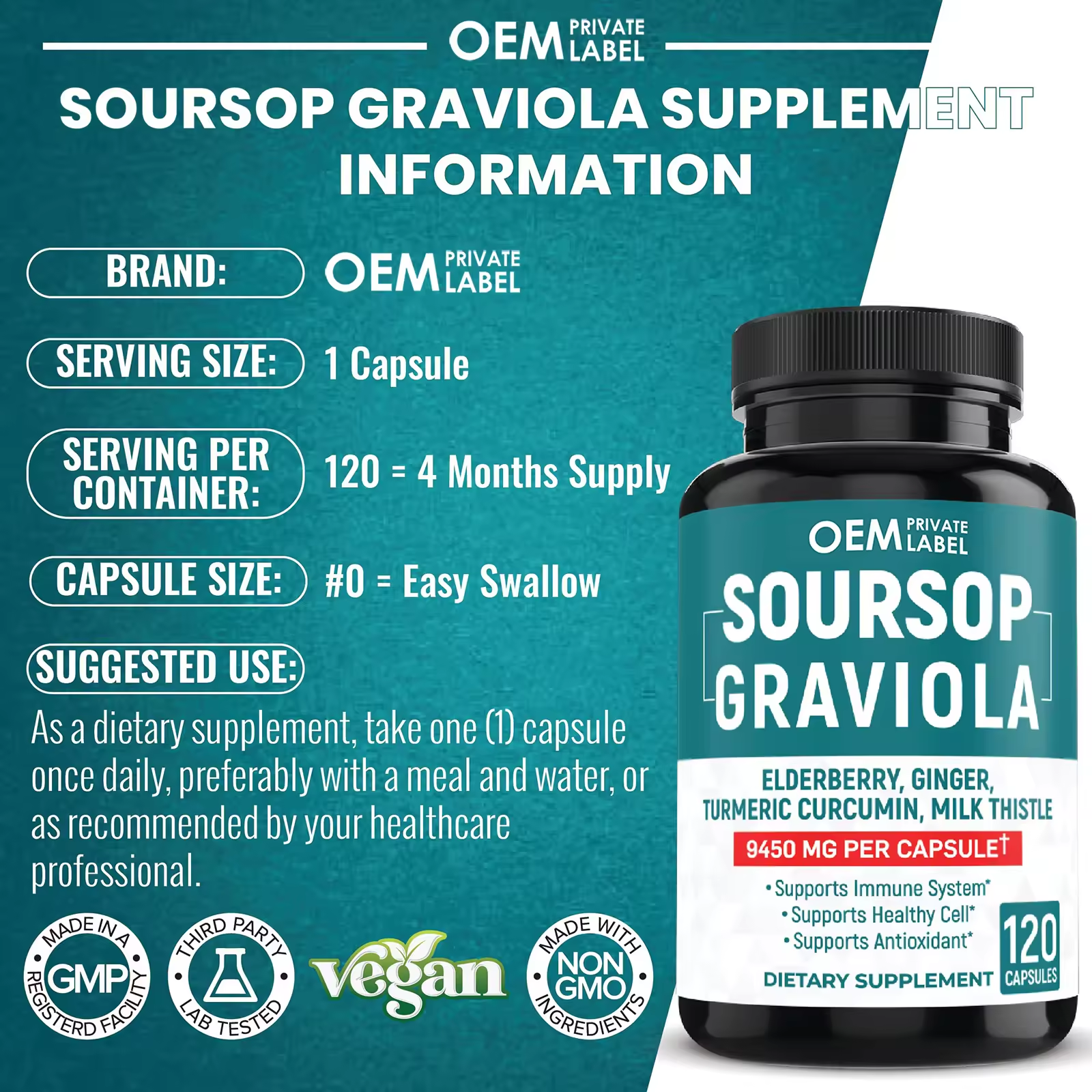 Biocaro custom Immune booster supplement soupsop graviola capsule with elderberry turmeric cranberry milk thistle capsules