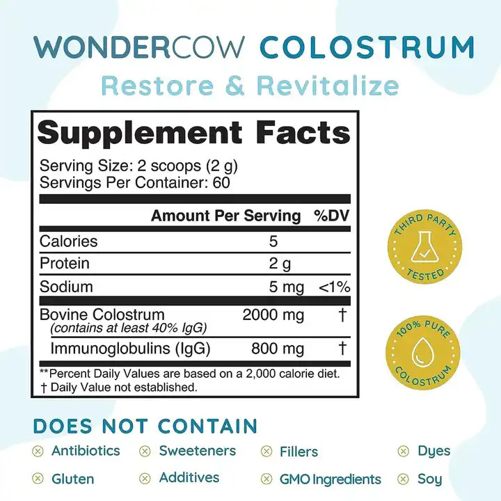 Biocaro OEM Colostrum Powder Highly Concentrated Pure Bovine Colostrum Supplements for Gut Health Immune Support Muscle Recovery