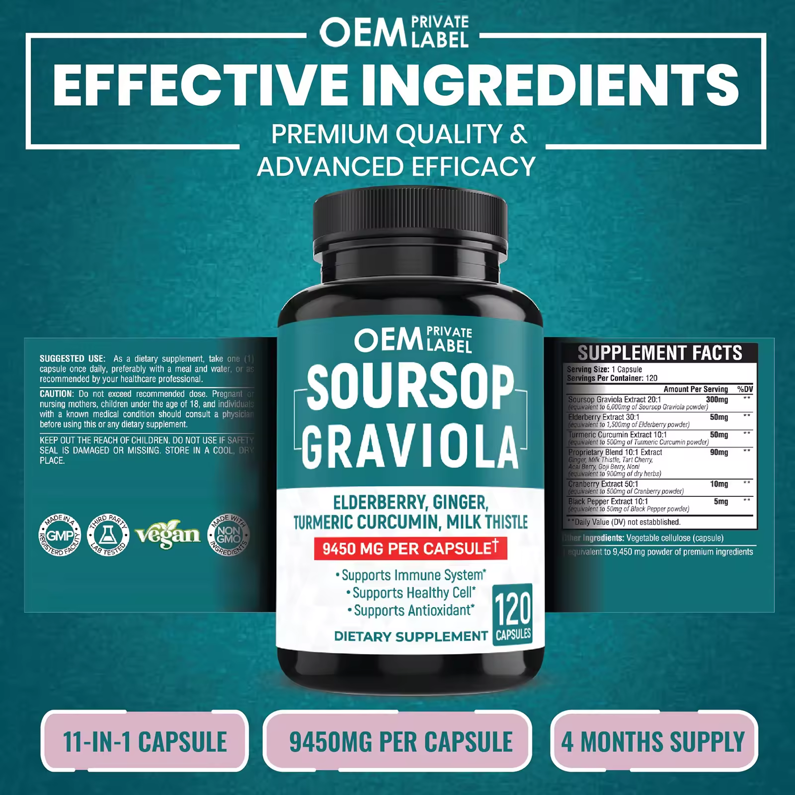 Biocaro custom Immune booster supplement soupsop graviola capsule with elderberry turmeric cranberry milk thistle capsules