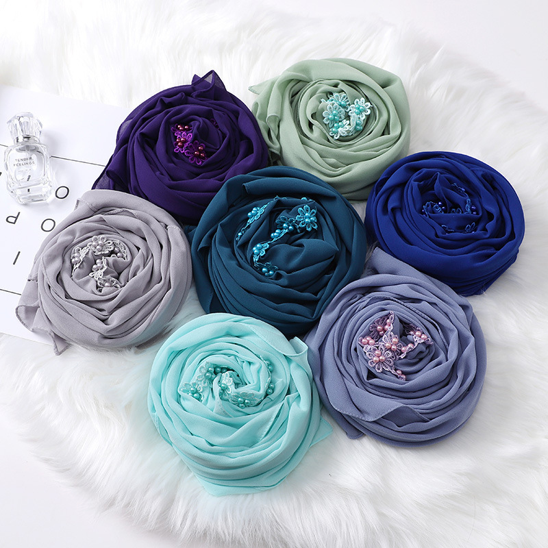 New 2024 Baotou scarf  pearl chiffon material  nailed pearl decorative scarf  foulard hijab Plain Chiffon Hijabs