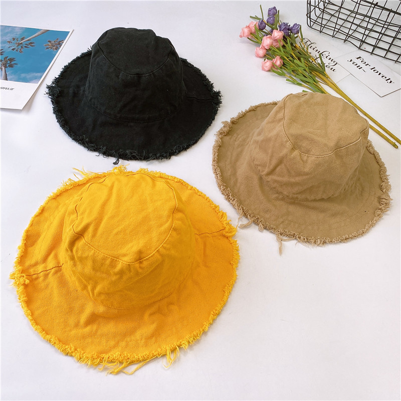 wholesale summer washed 100% cotton hats solid color blank frayed wide brim fringed floppy fisherman bucket hat