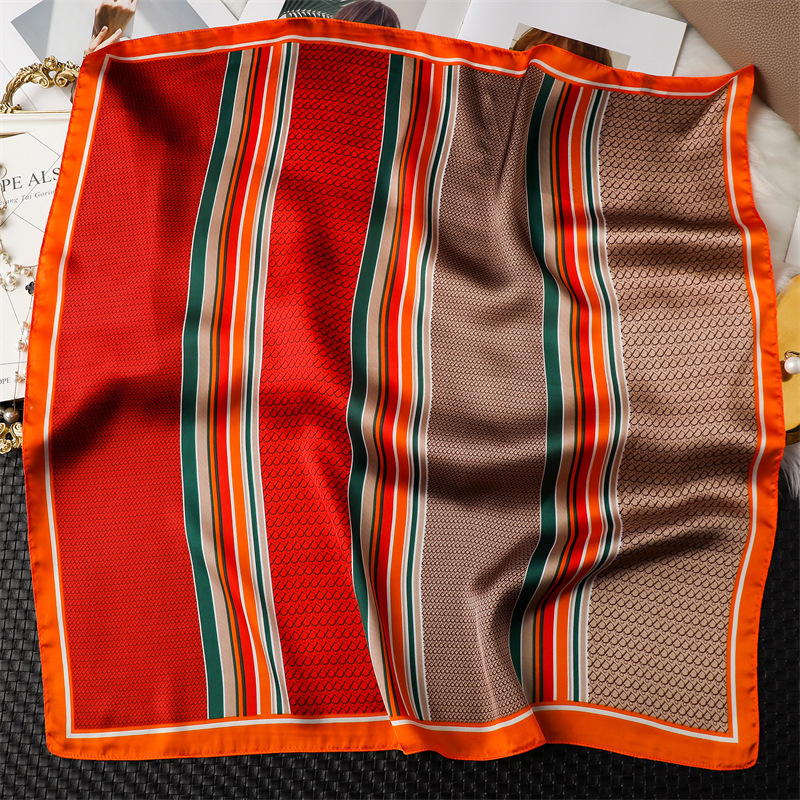 New design luxury stripe pattern silk satin scarf 70cm square women fashion head scarf orange custom stewardess scarf