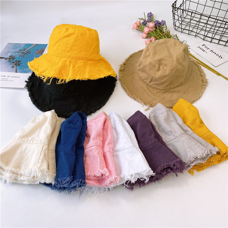 wholesale summer washed 100% cotton hats solid color blank frayed wide brim fringed floppy fisherman bucket hat