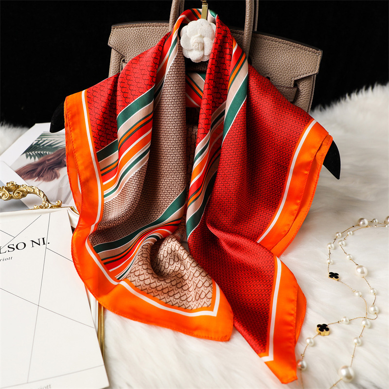 New design luxury stripe pattern silk satin scarf 70cm square women fashion head scarf orange custom stewardess scarf