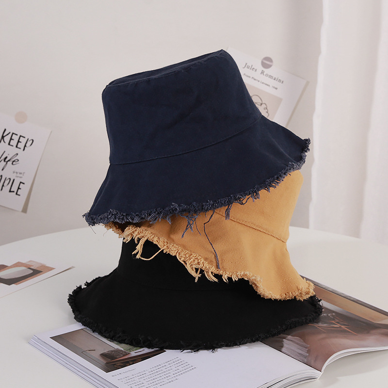 wholesale summer washed 100% cotton hats solid color blank frayed wide brim fringed floppy fisherman bucket hat