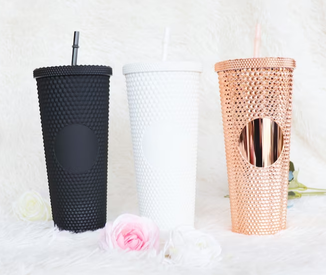 24 oz double wall plastic acrylic reusable cold drinking durian cup matte studded tumbler 24oz with lids and straws