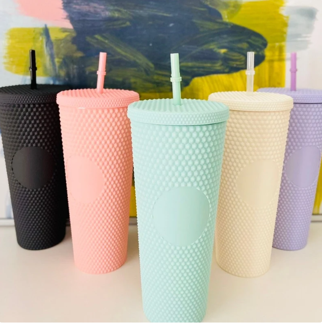 24 oz double wall plastic acrylic reusable cold drinking durian cup matte studded tumbler 24oz with lids and straws