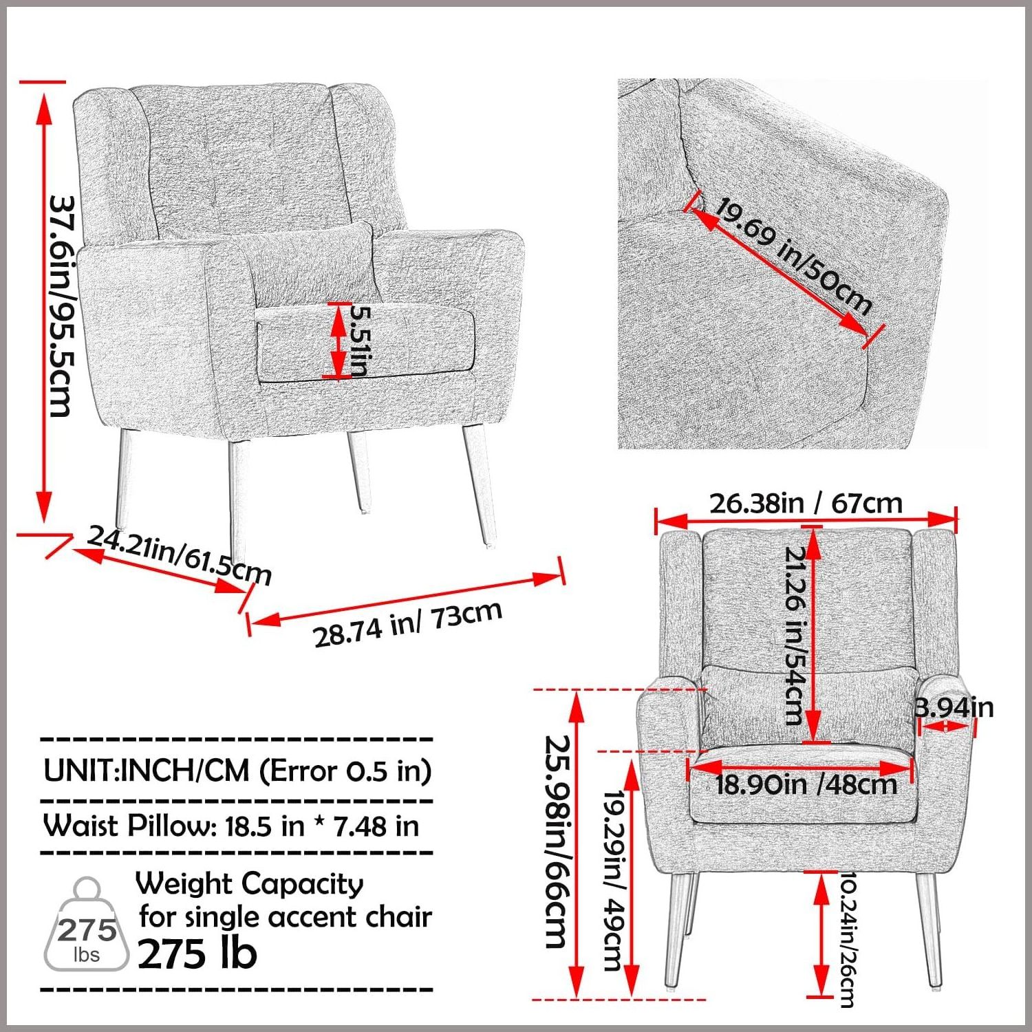 Modern Comfy Single Sofa Accent Chair with Wood Frame Chenille Fabric Upholstered Lounge Armchair