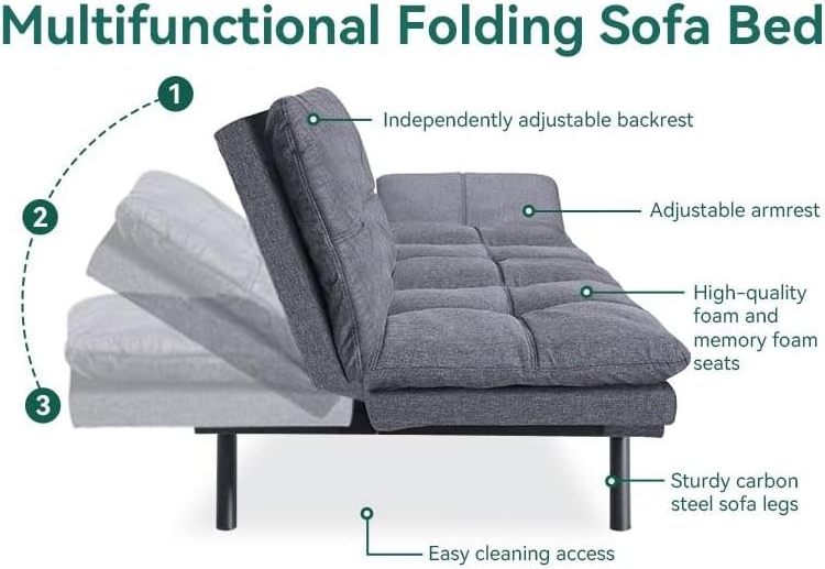 Memory foam sofa convertible modern double sofa with adjustable armrests for multi-function sofa bed in living room and office