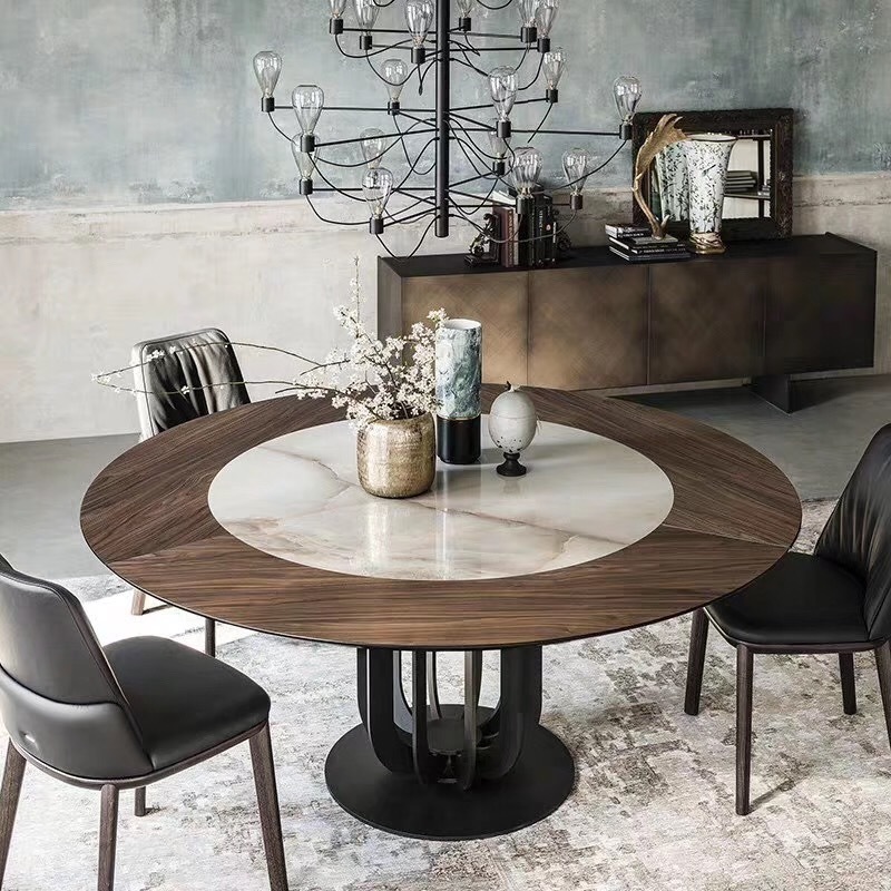 Dining room furniture round marble wood table top with rotating lazy susan aluminum table base marble dining table