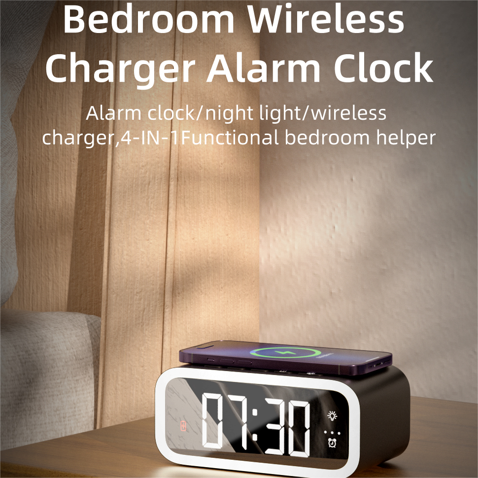 Clock Thermometer Alarm Clock stand Integrated Smart sensing Silicone anti-slip design wireless charger