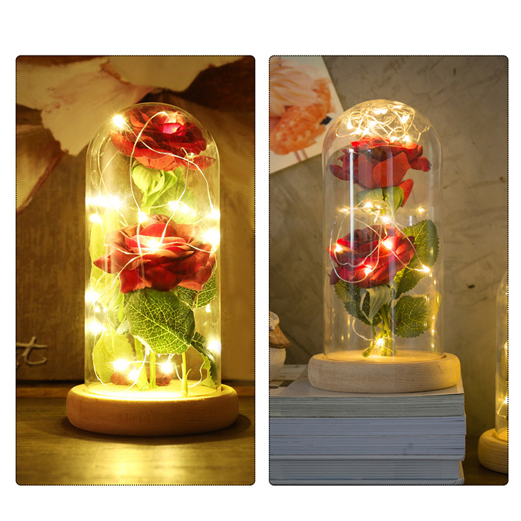 New design beauty and the beast 2PCS Artificial Silk Rose Preserved Eternal Roses with LED Lights in Glass Dome