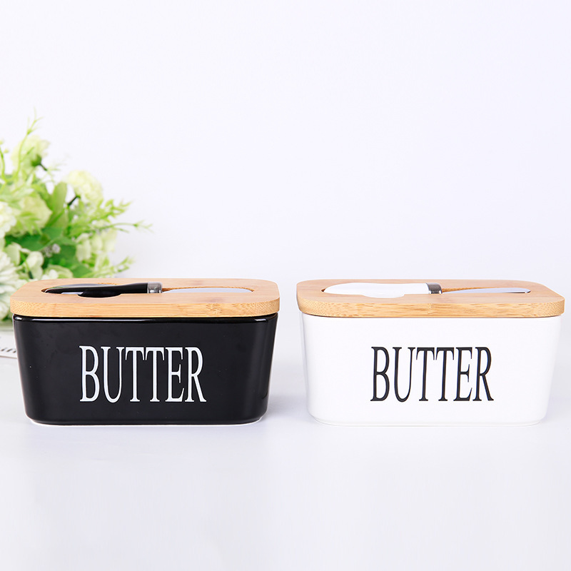 Ceramic Butter Box with Knife Butter Cheese Storage Tray Sealing Jar Rectangular Storage Container Ceramic Butter Box