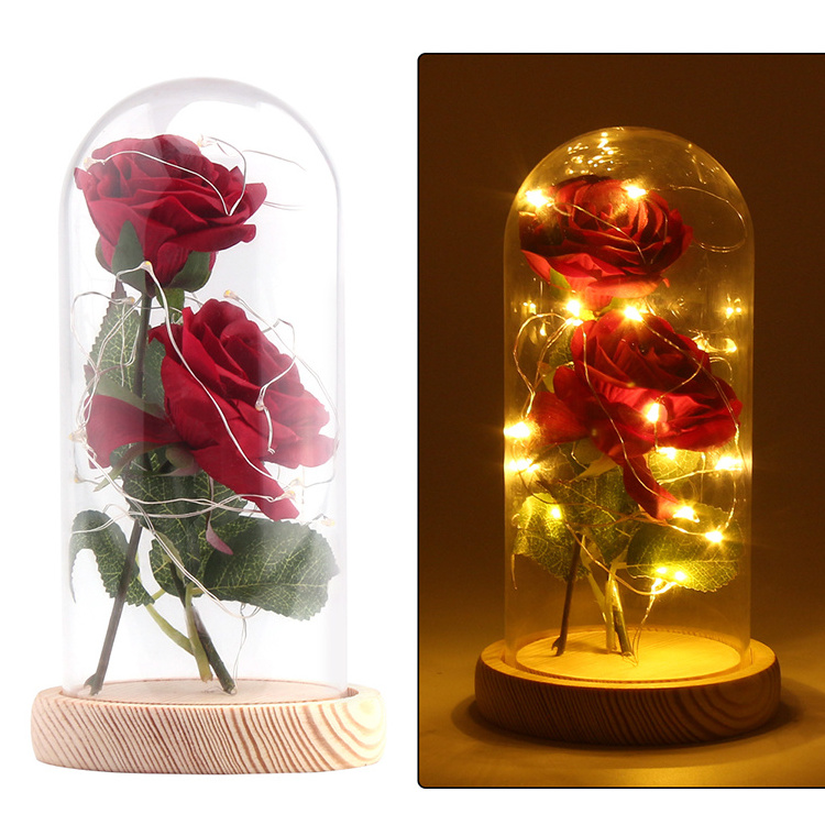 New design beauty and the beast 2PCS Artificial Silk Rose Preserved Eternal Roses with LED Lights in Glass Dome