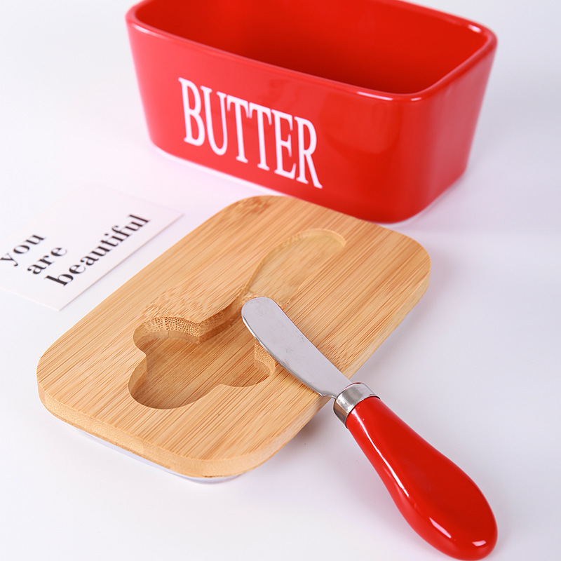 Ceramic Butter Box with Knife Butter Cheese Storage Tray Sealing Jar Rectangular Storage Container Ceramic Butter Box