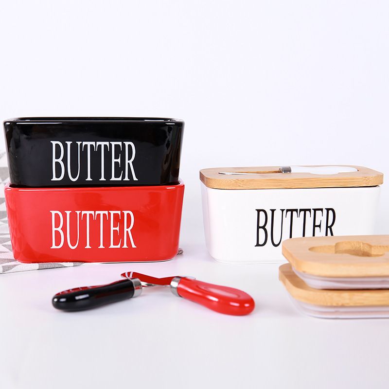 Ceramic Butter Box with Knife Butter Cheese Storage Tray Sealing Jar Rectangular Storage Container Ceramic Butter Box